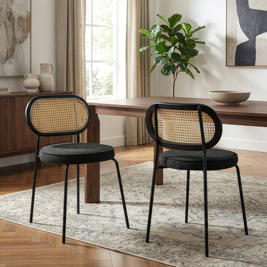Set of 2 Azem Black Boucle Fabric Dining Chair with Rattan Backrest and Black Chrome Legs