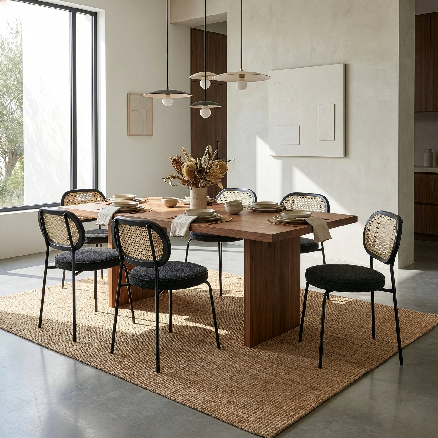 Set of 2 Azem Black Boucle Fabric Dining Chair with Rattan Backrest and Black Chrome Legs