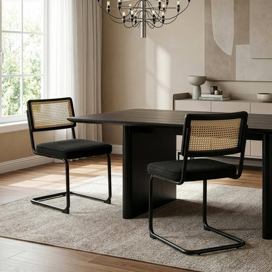 Set of 2 Aziel Black Boucle Fabric Dining Chair with Rattan Backrest and Black Iron Legs