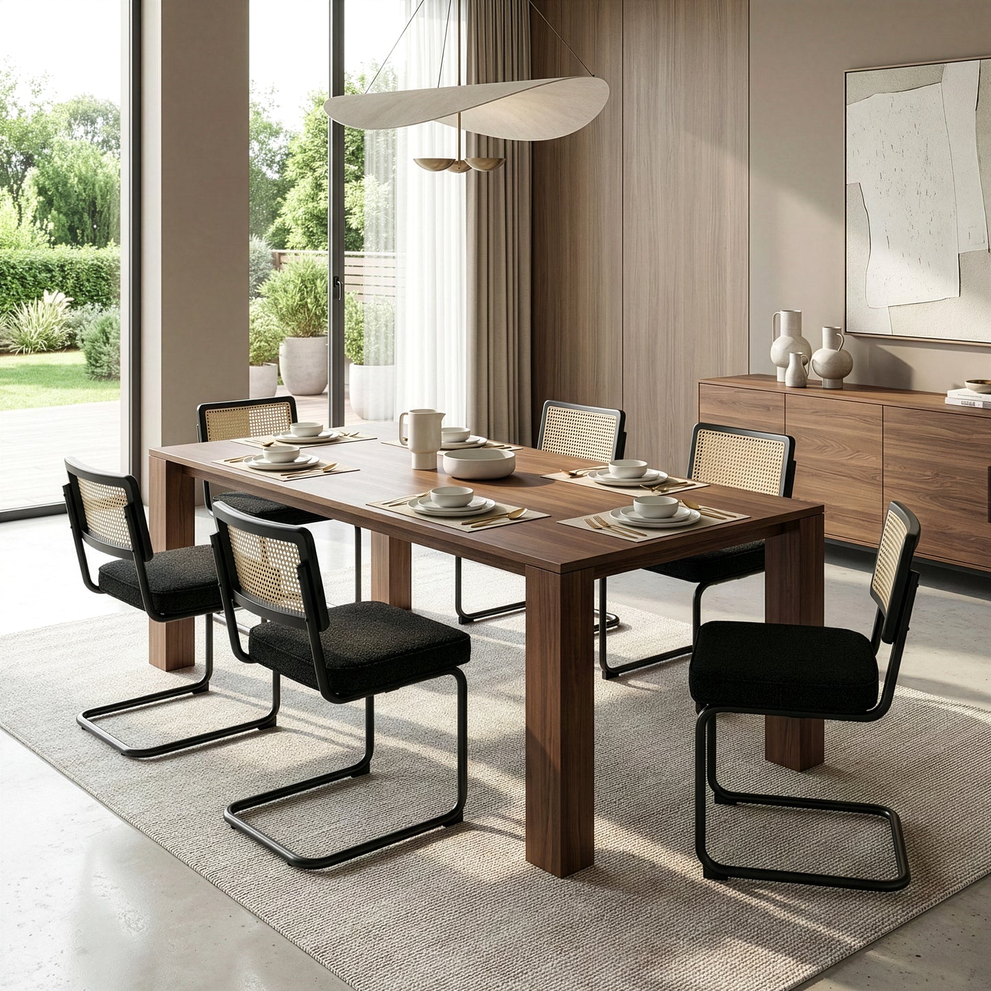 Set of 2 Aziel Black Boucle Fabric Dining Chair with Rattan Backrest and Black Iron Legs