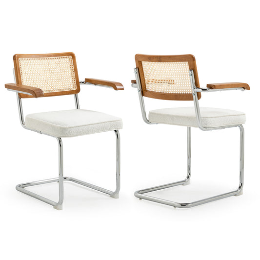 Set of 2 Azra White Boucle Fabric Dining Chair with Rattan Backrest and Chrome Legs