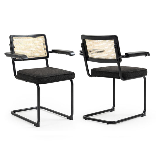 Set of 2 Azra Black Boucle Fabric Dining Chair with Rattan Backrest and Black Iron Legs