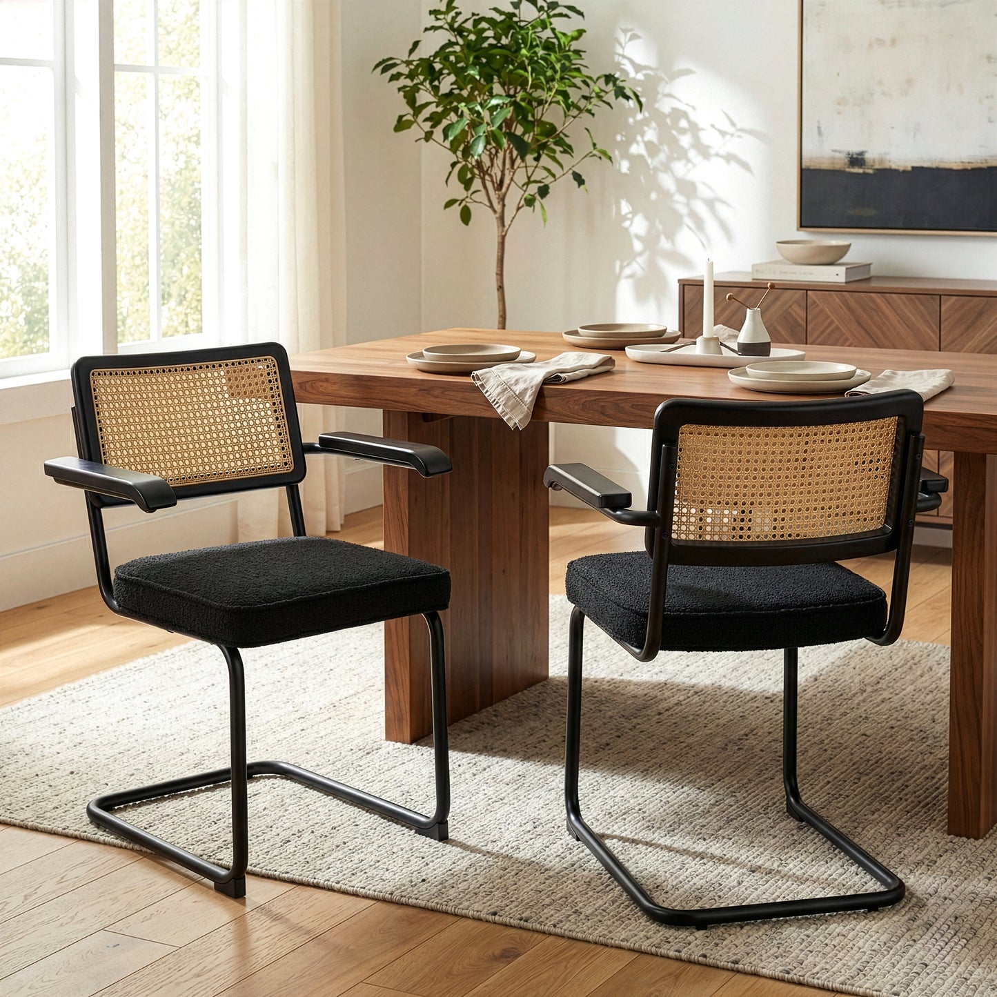 Set of 2 Azra Black Boucle Fabric Dining Chair with Rattan Backrest and Black Iron Legs