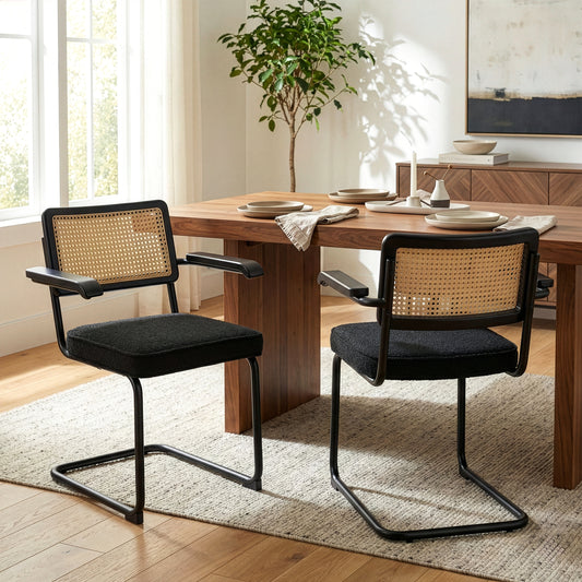 Set of 2 Azra Black Boucle Fabric Dining Chair with Rattan Backrest and Black Iron Legs