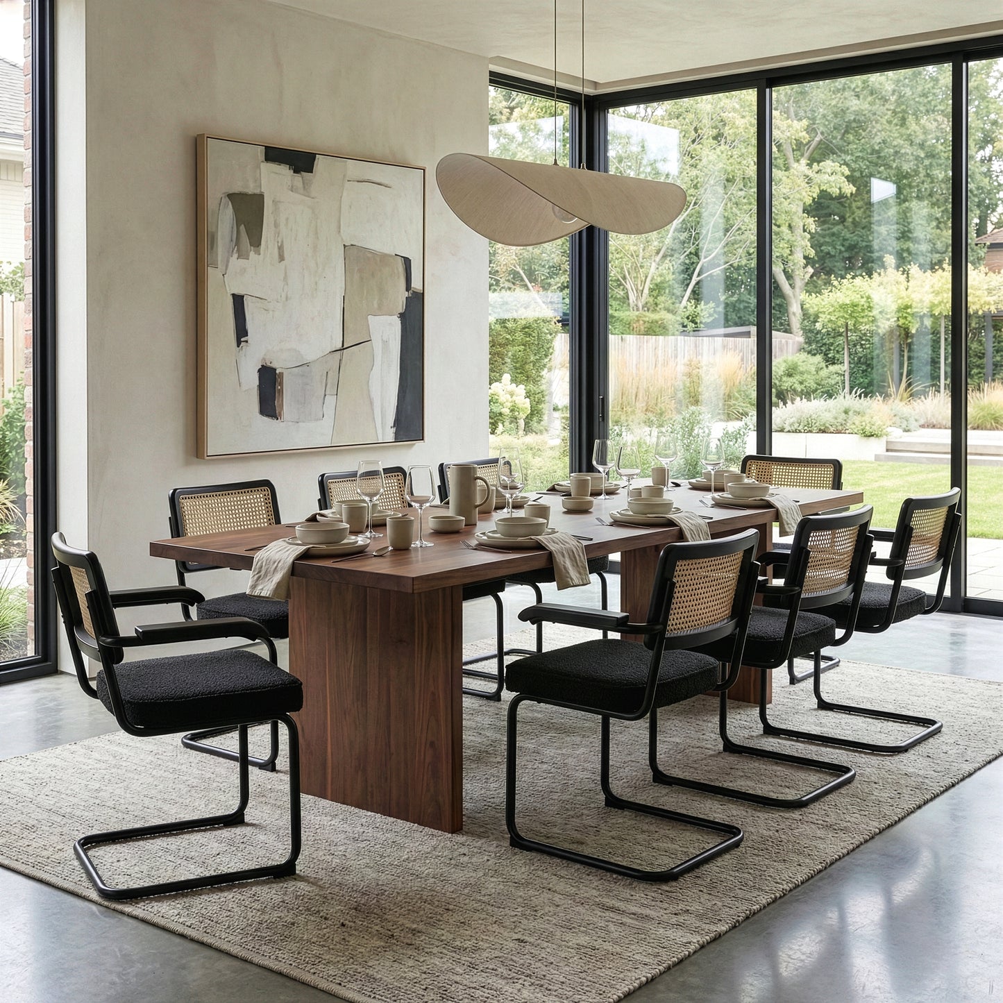 Set of 2 Azra Black Boucle Fabric Dining Chair with Rattan Backrest and Black Iron Legs