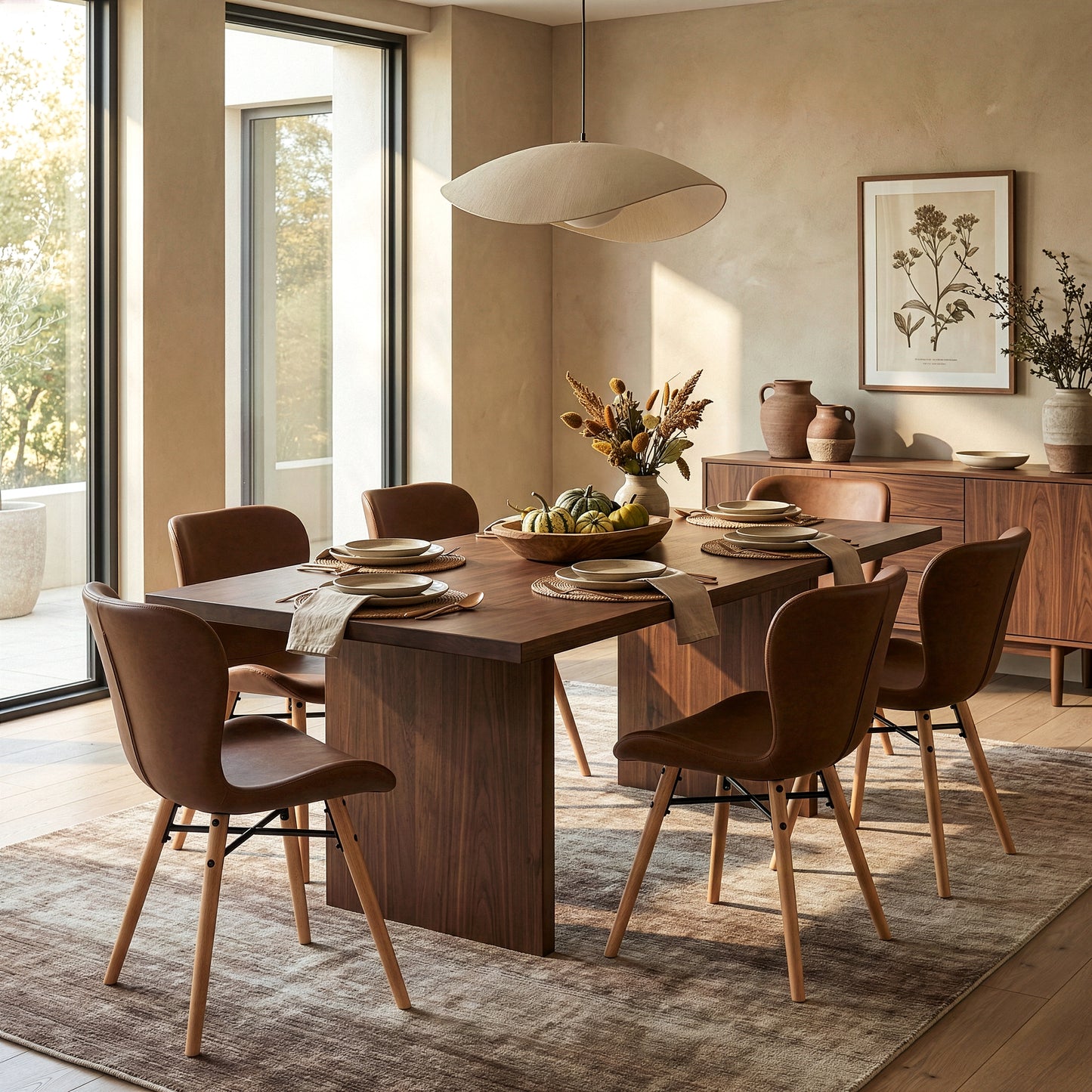 Set of 2 Banks Brown Faux Leather Dining Chair with Wood Legs