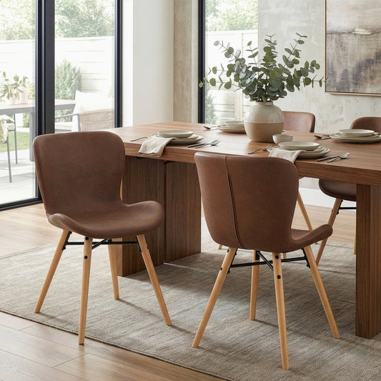 Set of 2 Banks Brown Faux Leather Dining Chair with Wood Legs