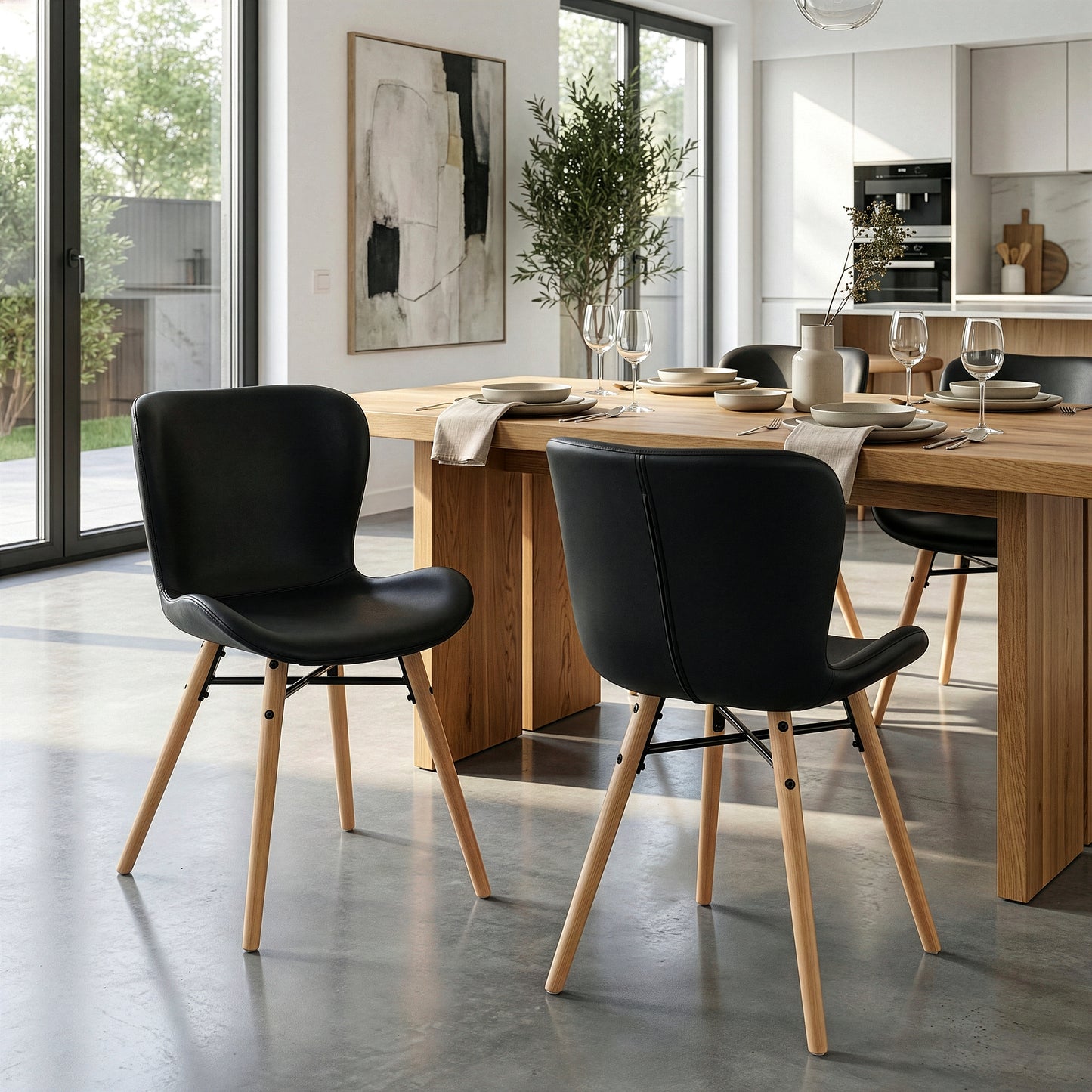 Set of 2 Banks Black Faux Leather Dining Chair with Wood Legs