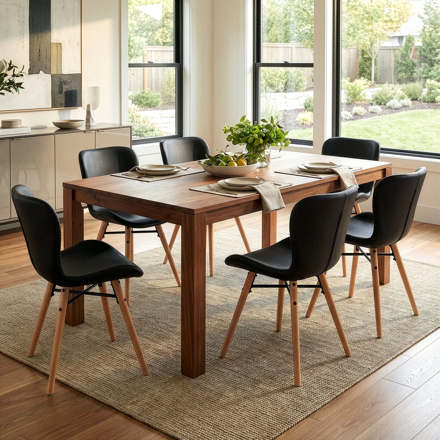 Set of 2 Banks Black Faux Leather Dining Chair with Wood Legs
