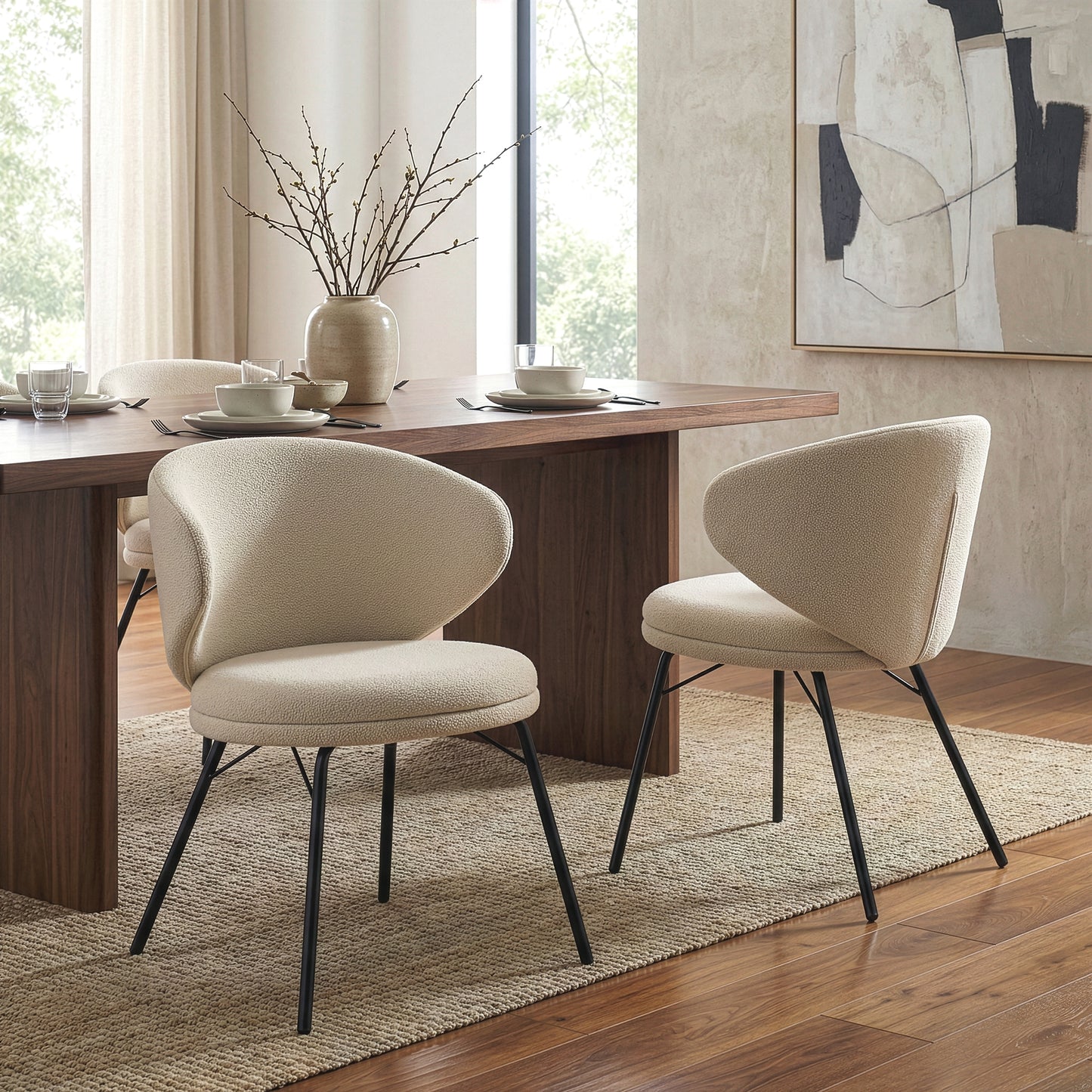 Set of 2 Barclay White Fabric Dining Chair with Black Iron Legs