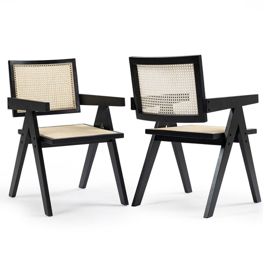 Set of 2 Bardot Black Wooden Dining Chair with Rattan Back