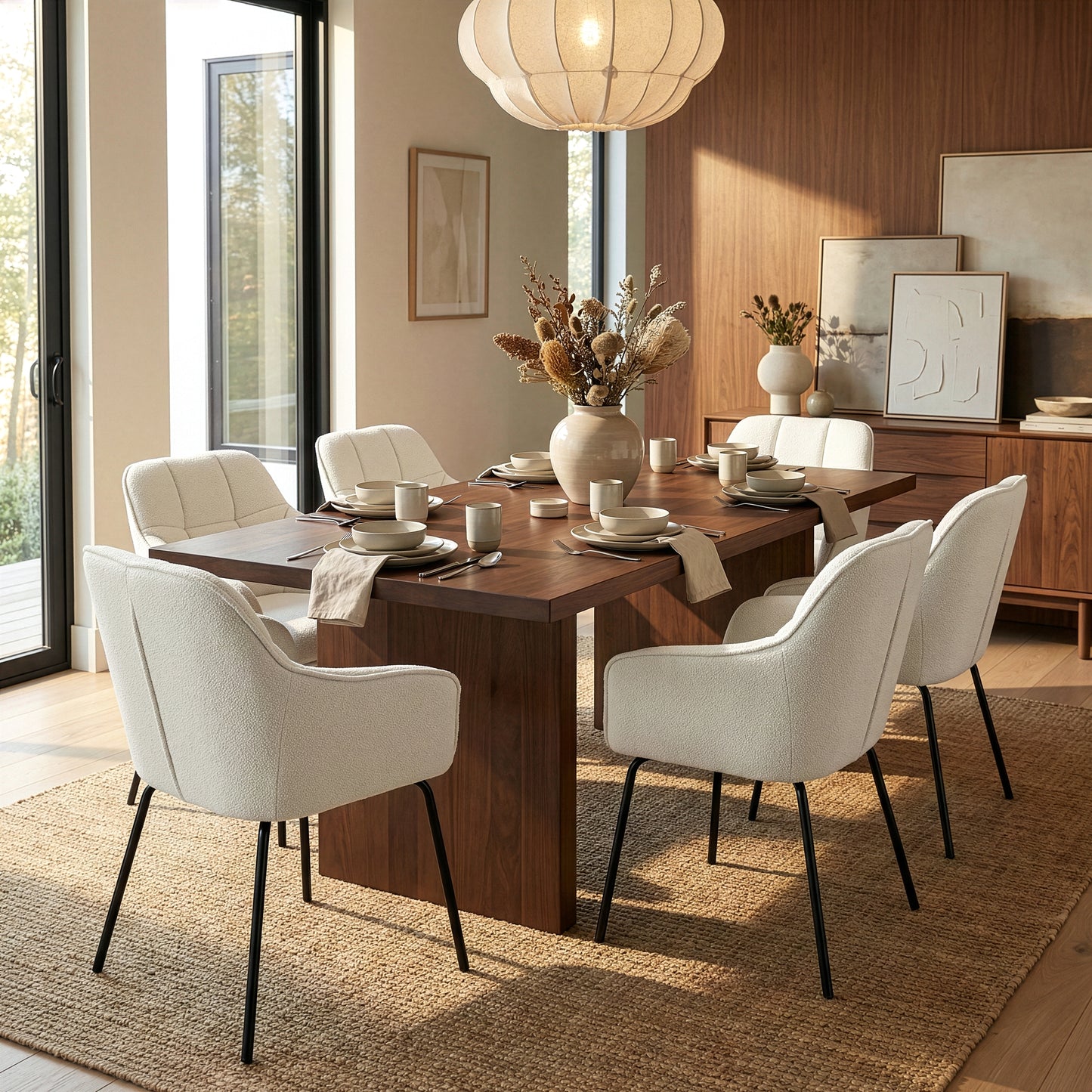 Set of 2 Batson White Boucle Fabric Dining Chair with Black Iron Legs