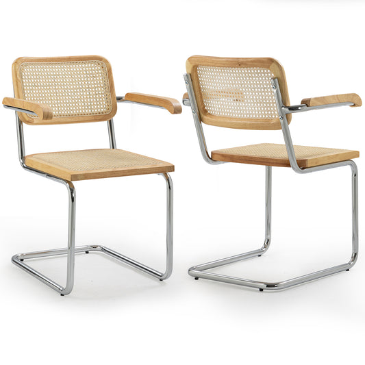 Set of 2 Barnard Natural Wooden Dining Chair with Rattan Back and Chrome Legs