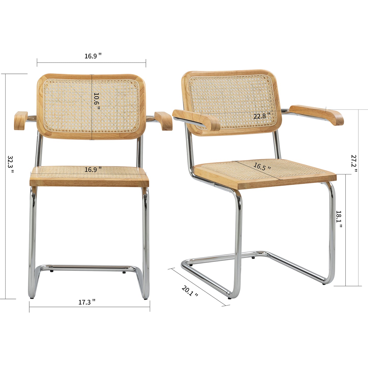 Set of 2 Barnard Natural Wooden Dining Chair with Rattan Back and Chrome Legs