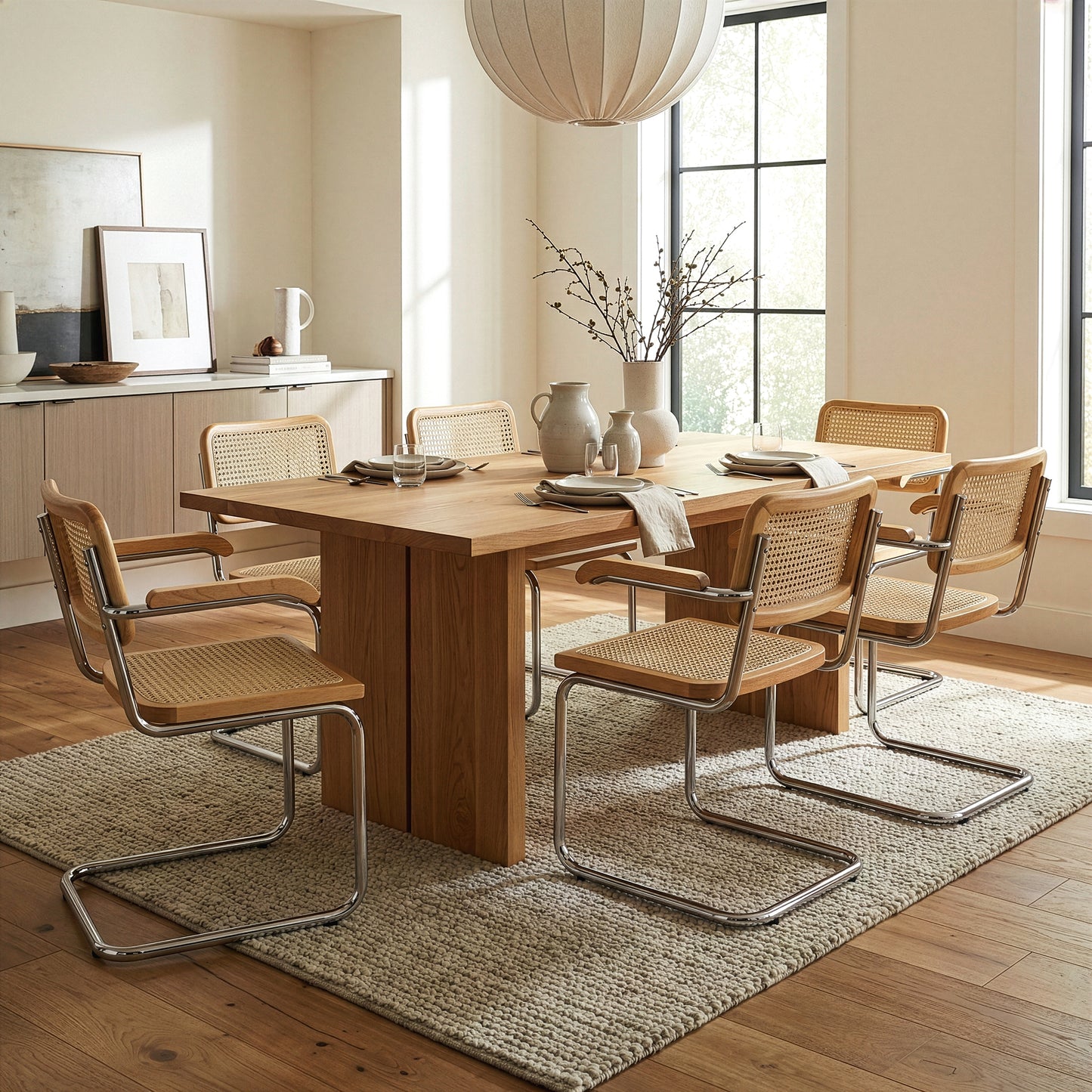 Set of 2 Barnard Natural Wooden Dining Chair with Rattan Back and Chrome Legs