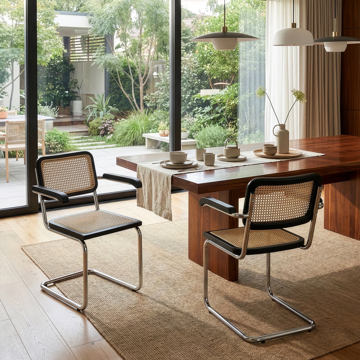 Set of 2 Barnard Black Wooden Dining Chair with Rattan Back and Chrome Legs
