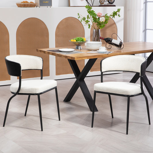Set of 2 Bayle White Boucle Fabric Dining Chair with Black Iron Legs