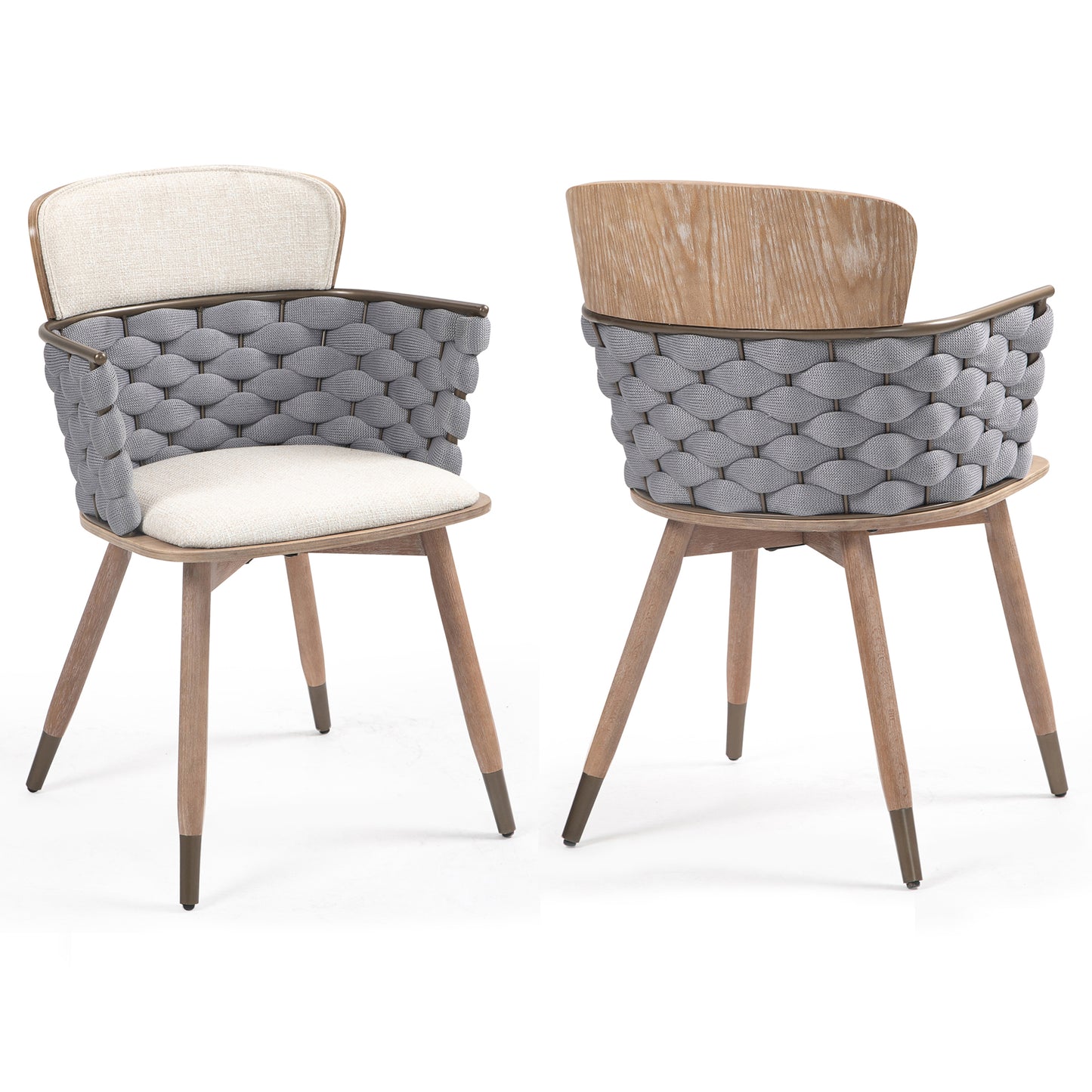 Set of 2 Bechor Beige and Gray Woven Fabric Dining Chair with Natural Wood Legs