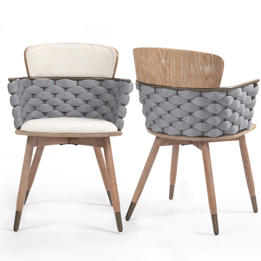 Set of 2 Bechor Beige and Gray Woven Fabric Dining Chair with Natural Wood Legs