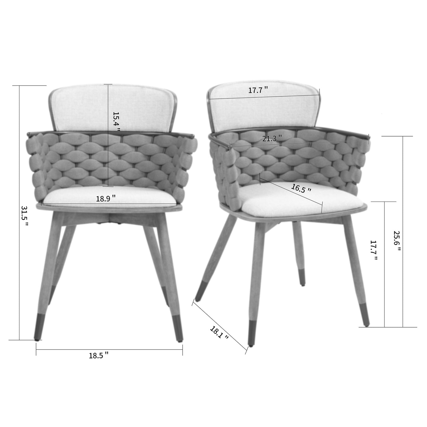 Set of 2 Bechor Beige and Gray Woven Fabric Dining Chair with Natural Wood Legs