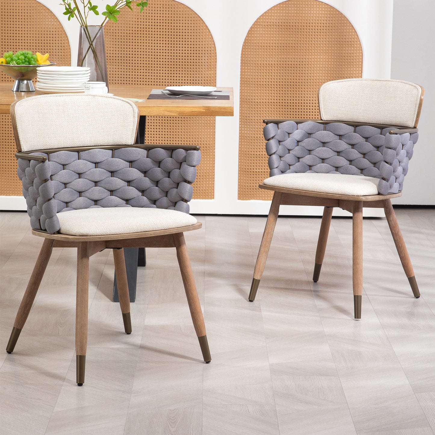 Set of 2 Bechor Beige and Gray Woven Fabric Dining Chair with Natural Wood Legs