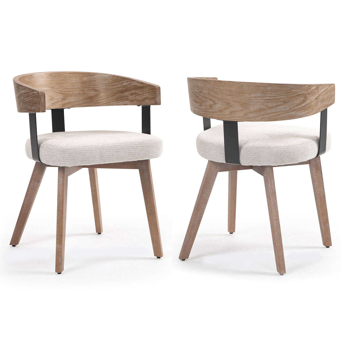 Set of 2 Beck Beige Linen Fabric Dining Chair with Natural Wood Backrest and Legs