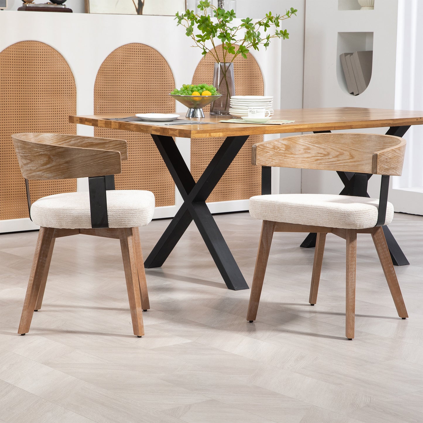 Set of 2 Beck Beige Linen Fabric Dining Chair with Natural Wood Backrest and Legs