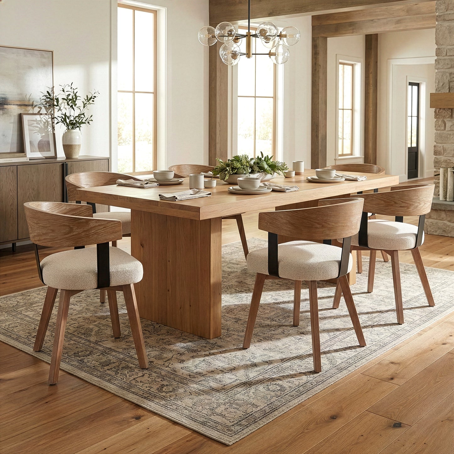 Set of 2 Beck Beige Linen Fabric Dining Chair with Natural Wood Backrest and Legs