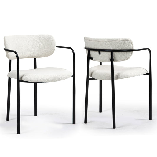 Set of 2 Bedivere Beige Boucle Fabric Dining Chair with Black Iron Arms and Legs