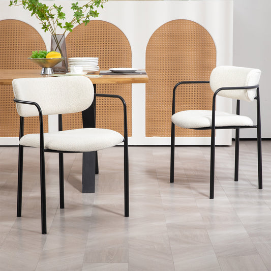 Set of 2 Bedivere Beige Boucle Fabric Dining Chair with Black Iron Arms and Legs