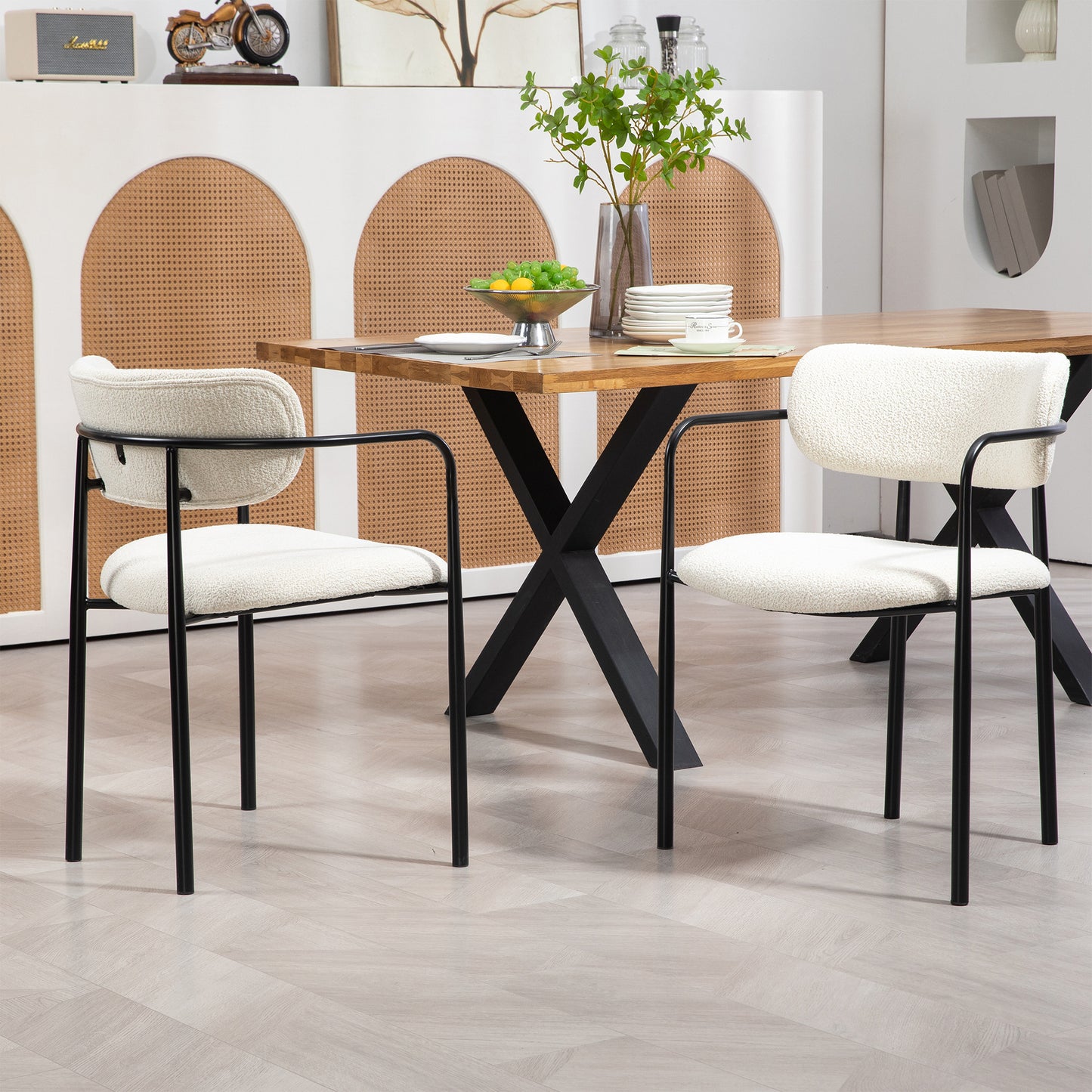 Set of 2 Bedivere Beige Boucle Fabric Dining Chair with Black Iron Arms and Legs