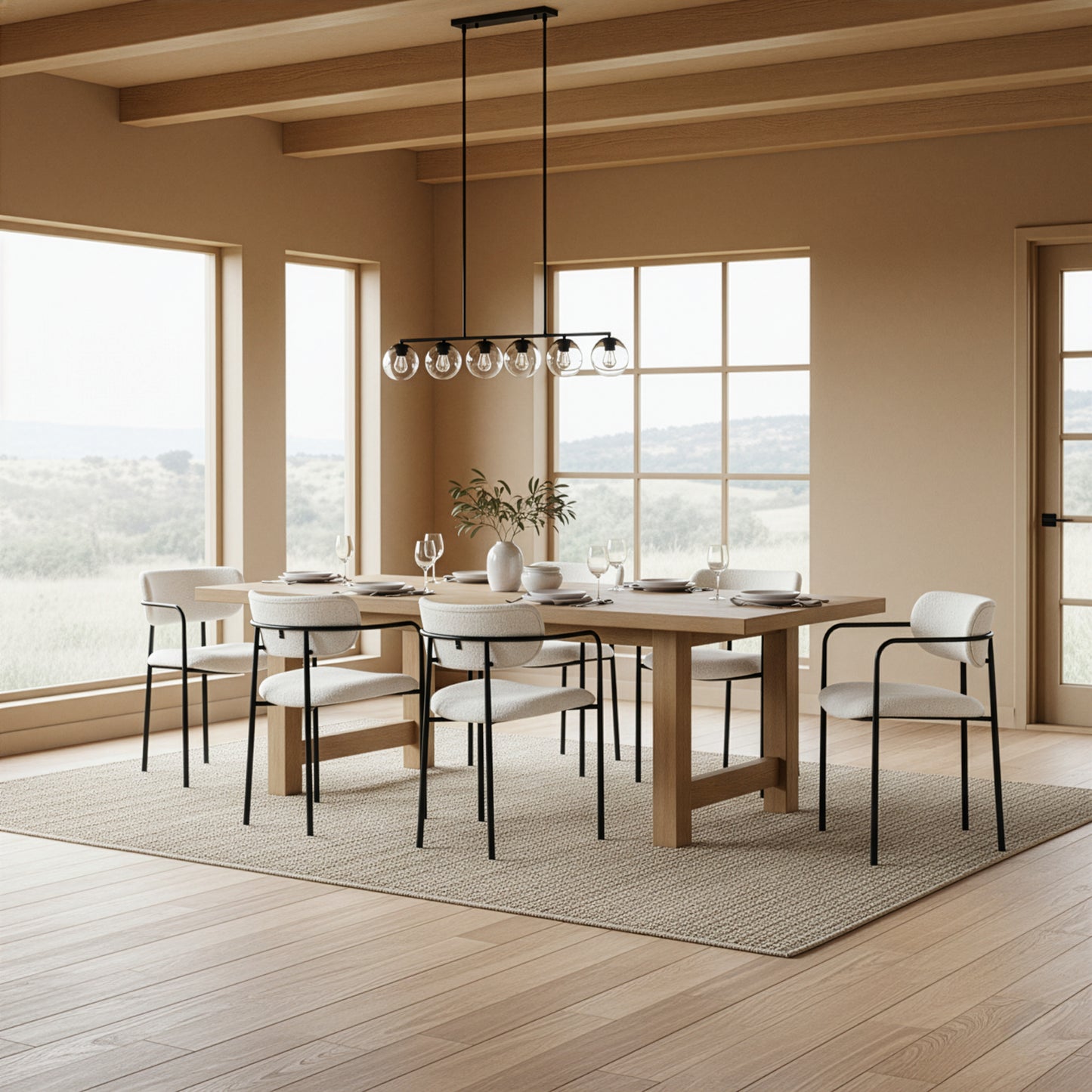 Set of 2 Bedivere Beige Boucle Fabric Dining Chair with Black Iron Arms and Legs