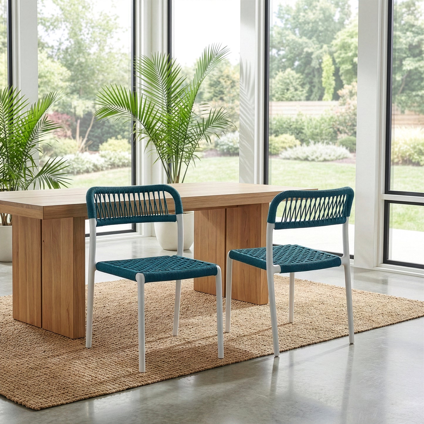 Set of 2 Belen Blue Woven Rope Fabric Dining Chair with Plastic Frame