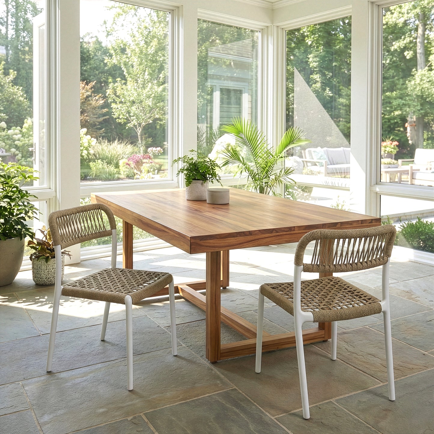 Set of 2 Belen Beige Woven Rope Fabric Dining Chair with Plastic Frame