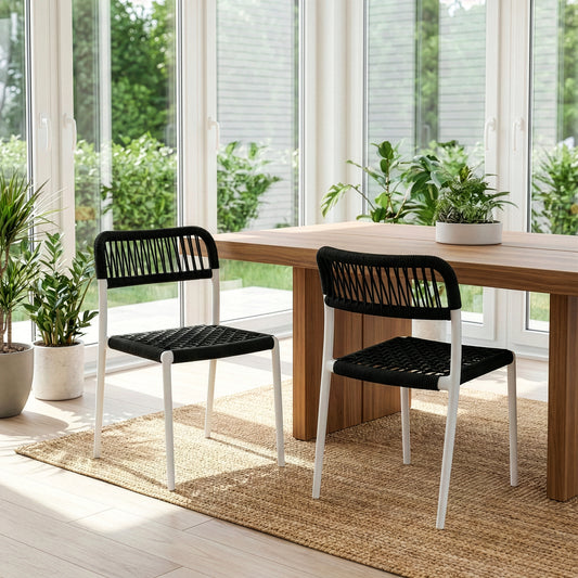 Set of 2 Belen Black Woven Rope Fabric Dining Chair with Plastic Frame