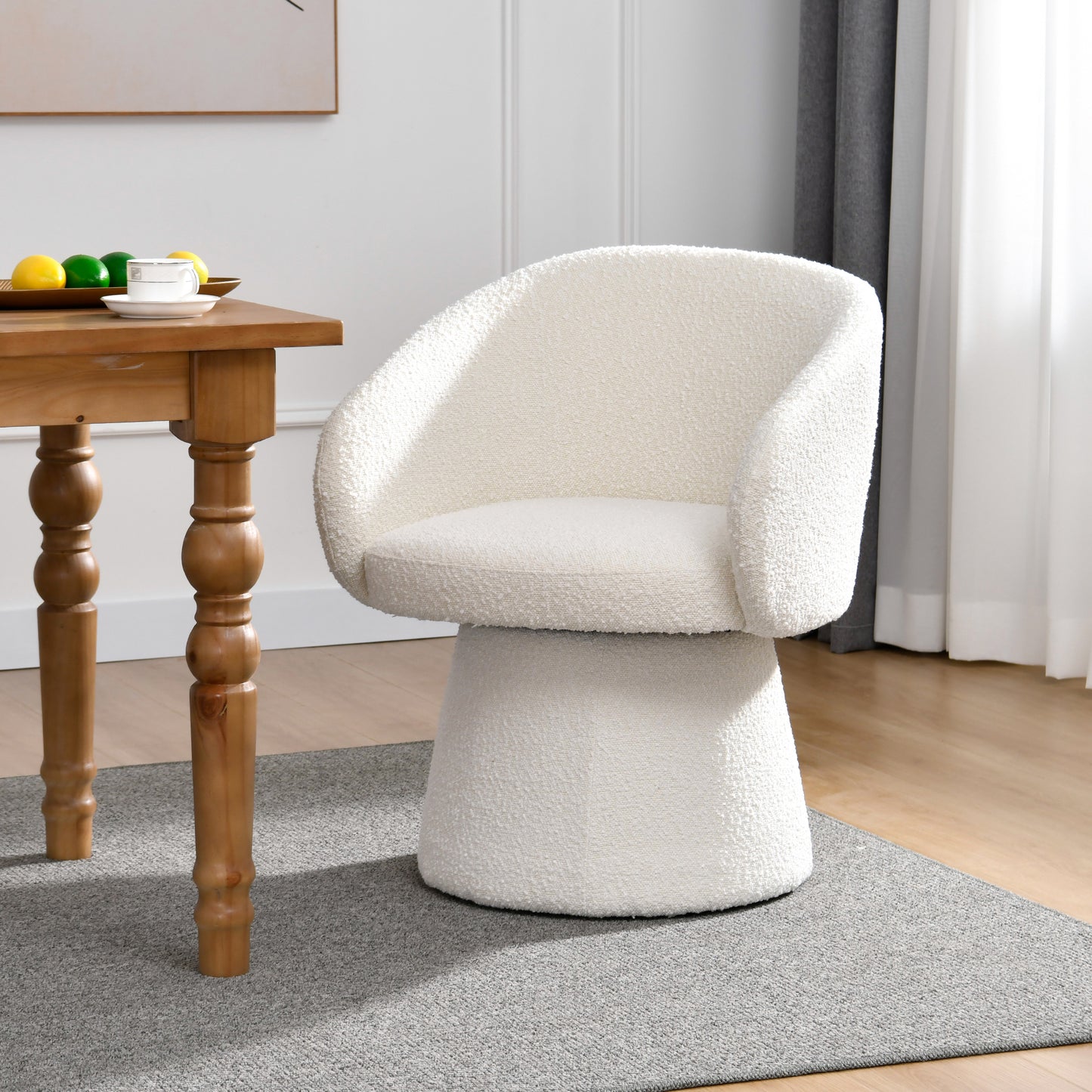 Belle White Boucle Fabric Dining Chair with Swivel Base