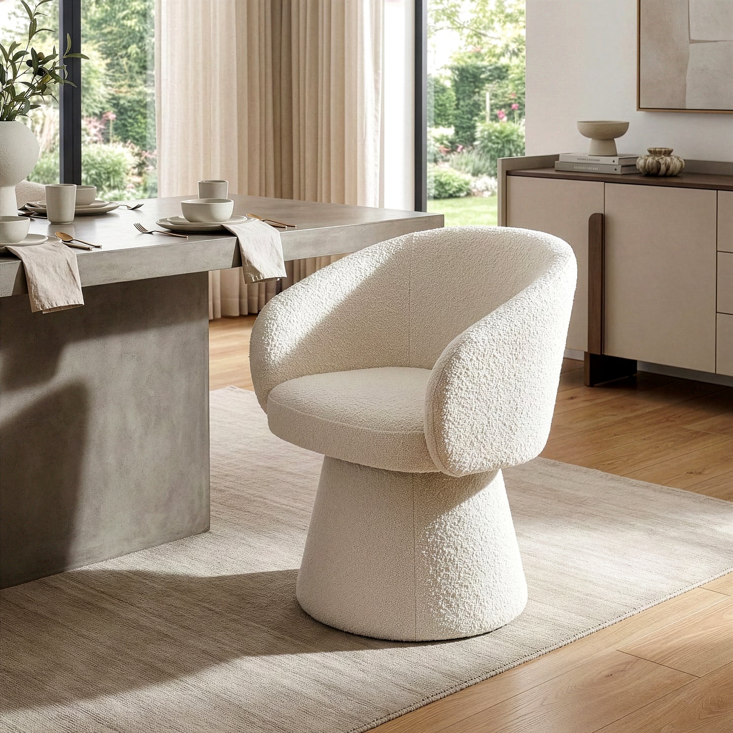 Belle White Boucle Fabric Dining Chair with Swivel Base