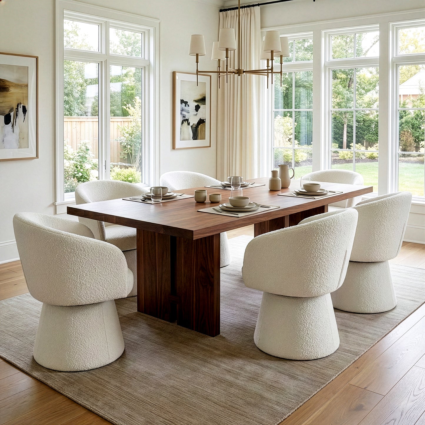 Belle White Boucle Fabric Dining Chair with Swivel Base