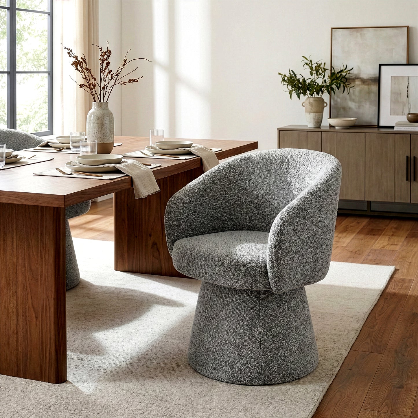 Belle Gray Boucle Fabric Dining Chair with Swivel Base