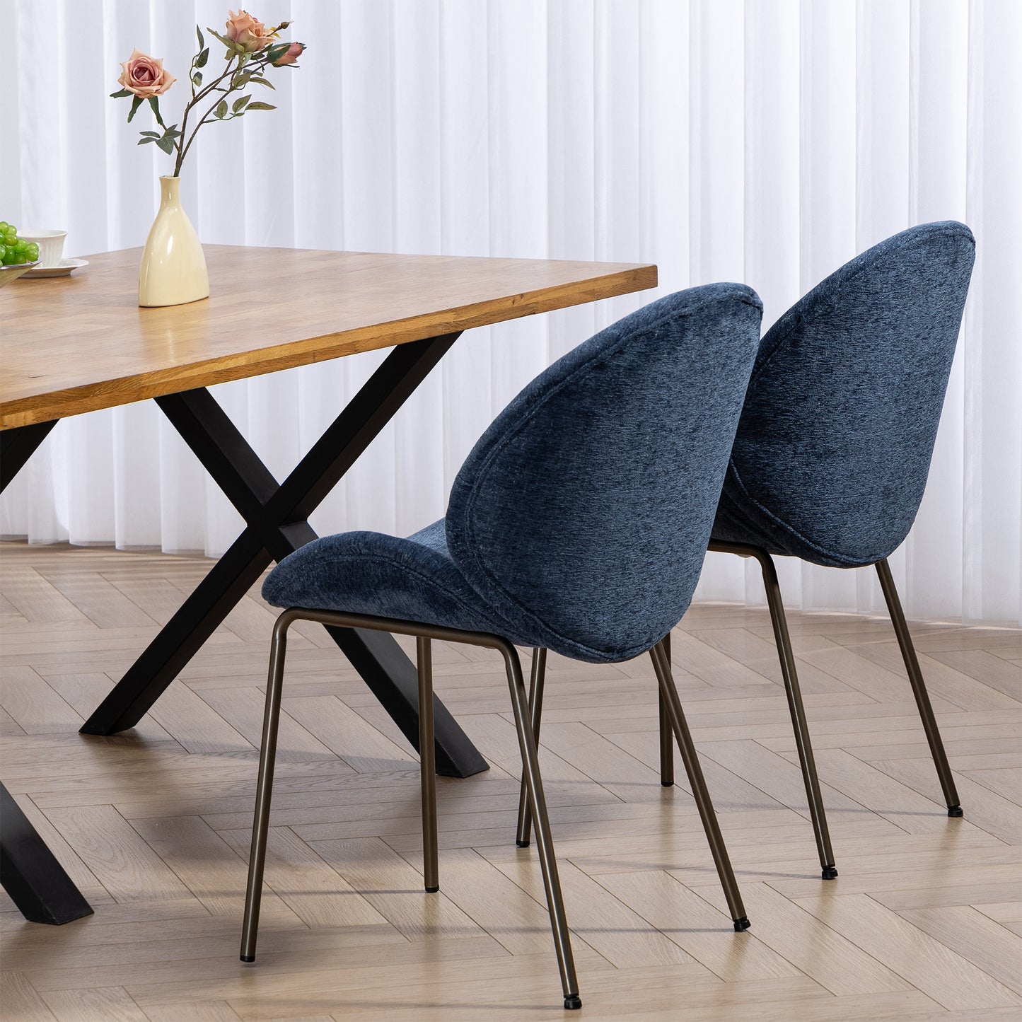 Set of 2 Benedetta Blue Linen Upholstered Dining Chair with Black Iron Legs