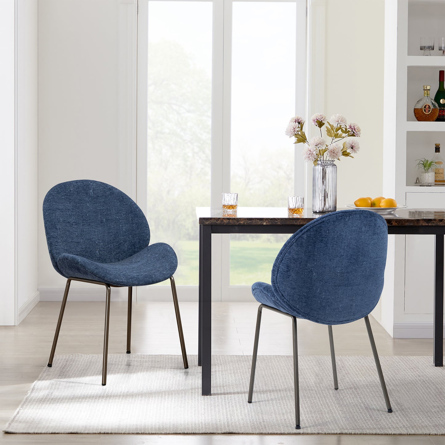 Set of 2 Benedetta Blue Linen Upholstered Dining Chair with Black Iron Legs