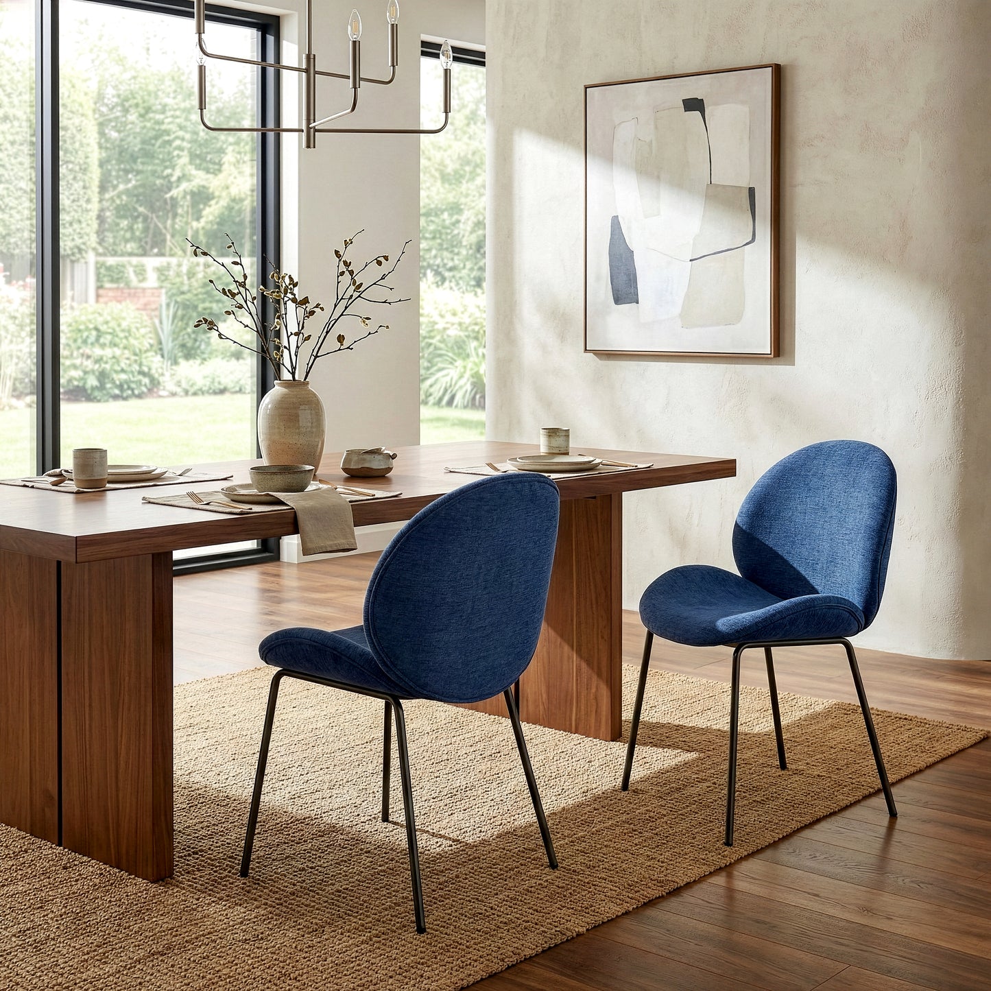 Set of 2 Benedetta Blue Linen Upholstered Dining Chair with Black Iron Legs