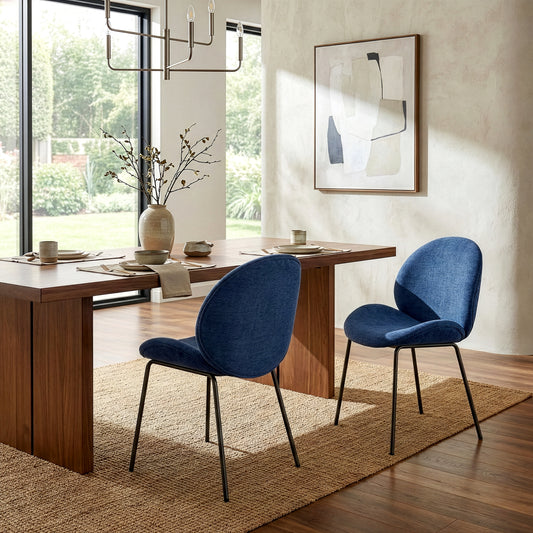 Set of 2 Benedetta Blue Linen Upholstered Dining Chair with Black Iron Legs