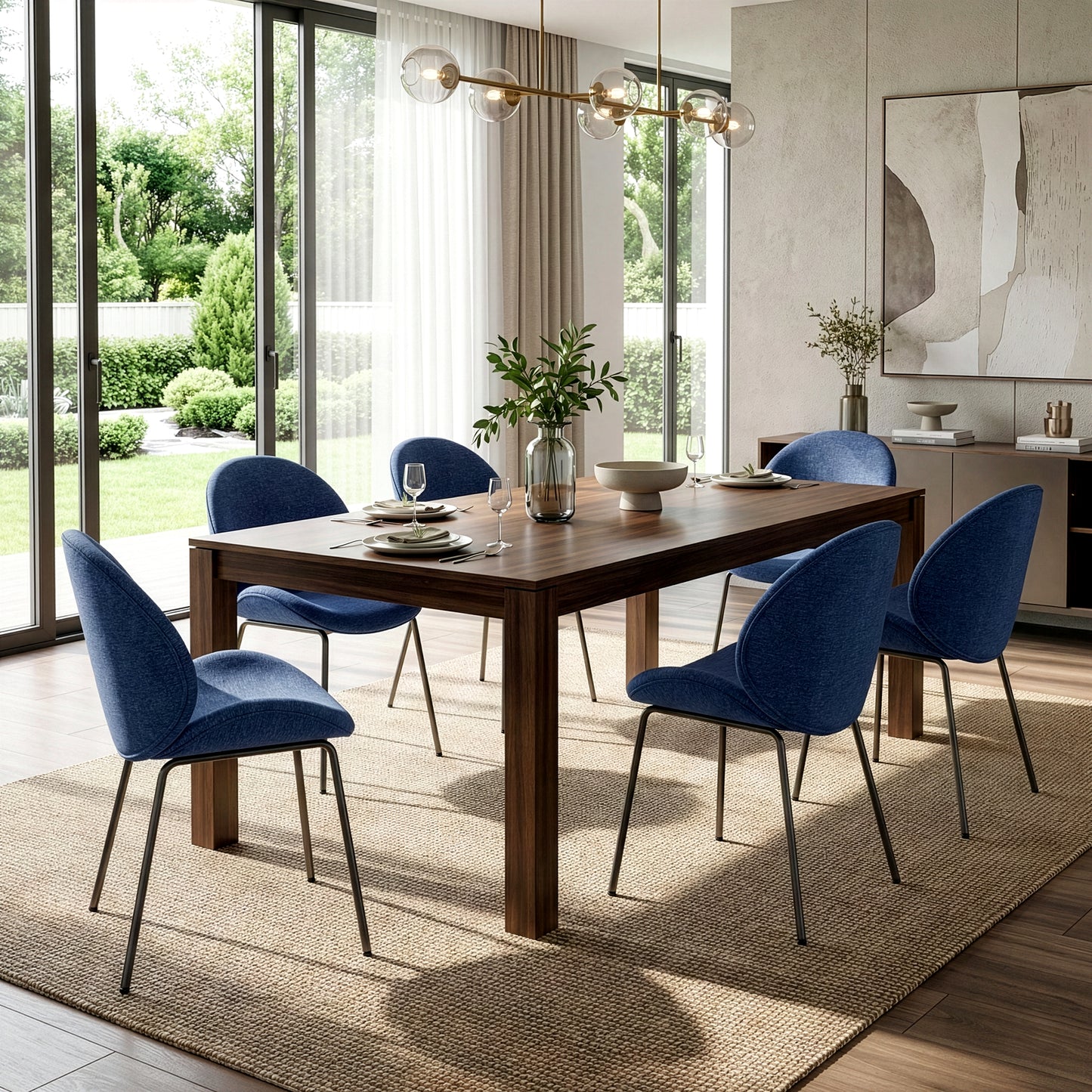 Set of 2 Benedetta Blue Linen Upholstered Dining Chair with Black Iron Legs
