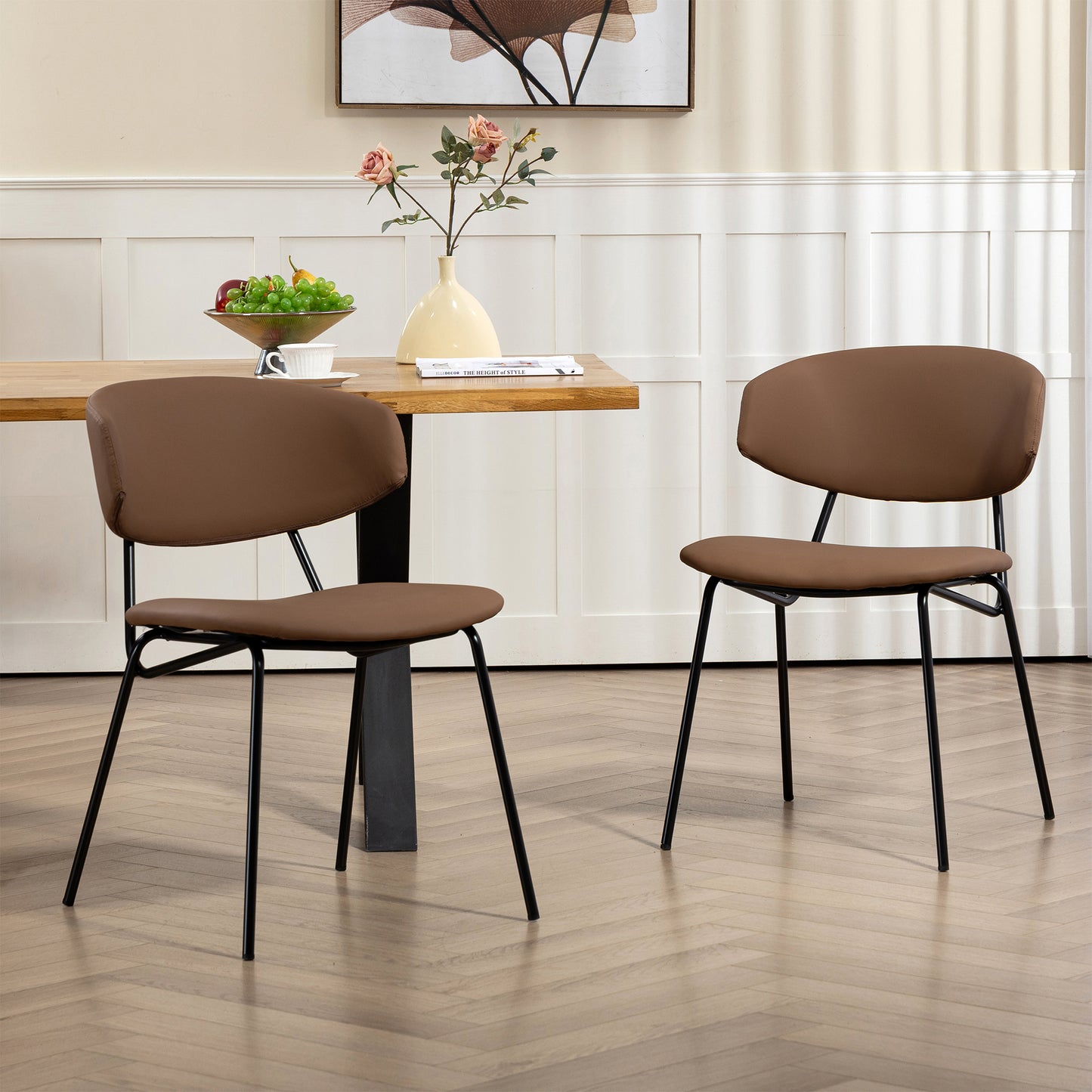 Set of 2 Benito Brown Faux Leather Dining Chair with Black Iron Legs