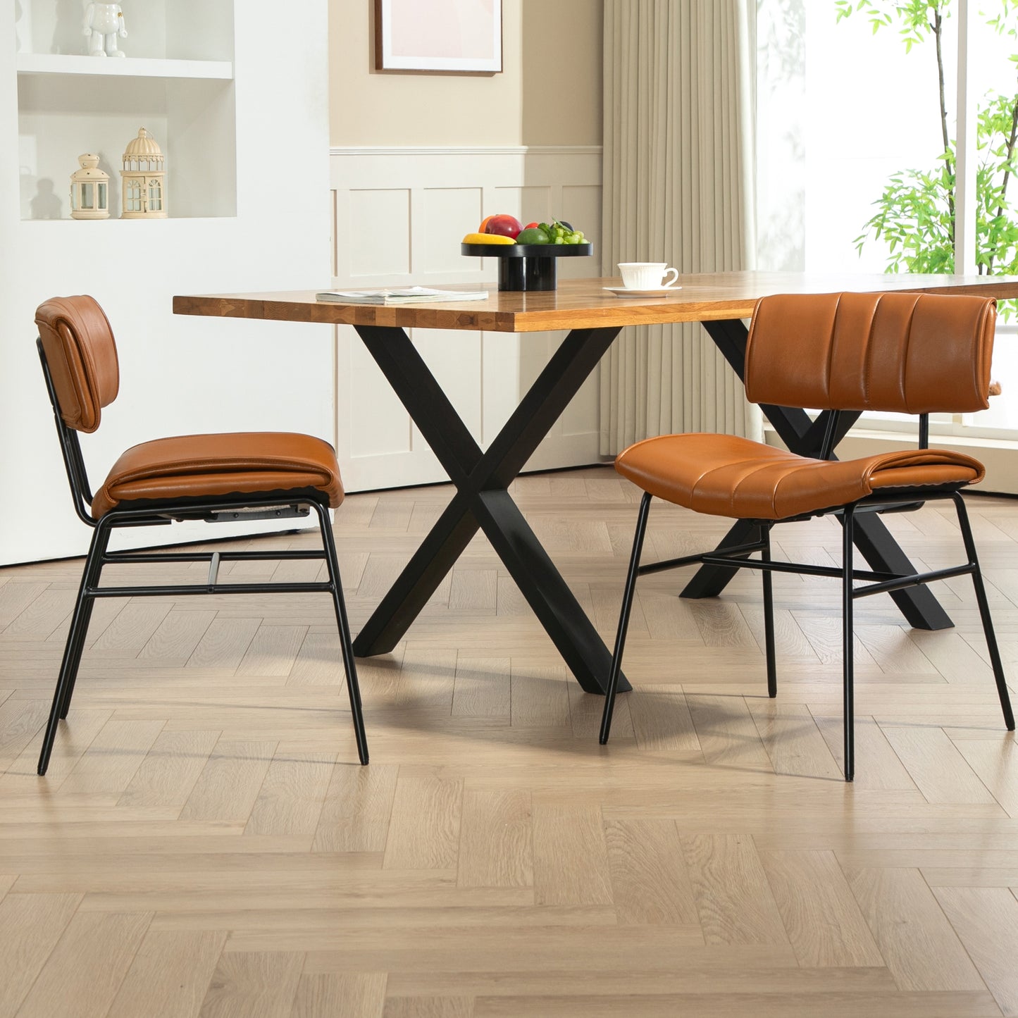 Set of 2 Belicia Brown Faux Leather Dining Chair with Black Metal Legs