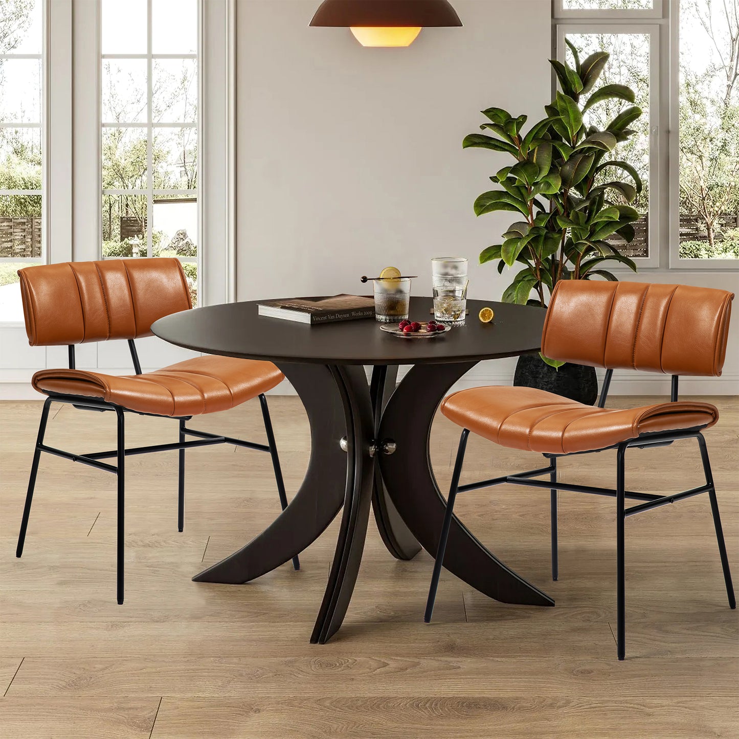 Set of 2 Belicia Brown Faux Leather Dining Chair with Black Metal Legs