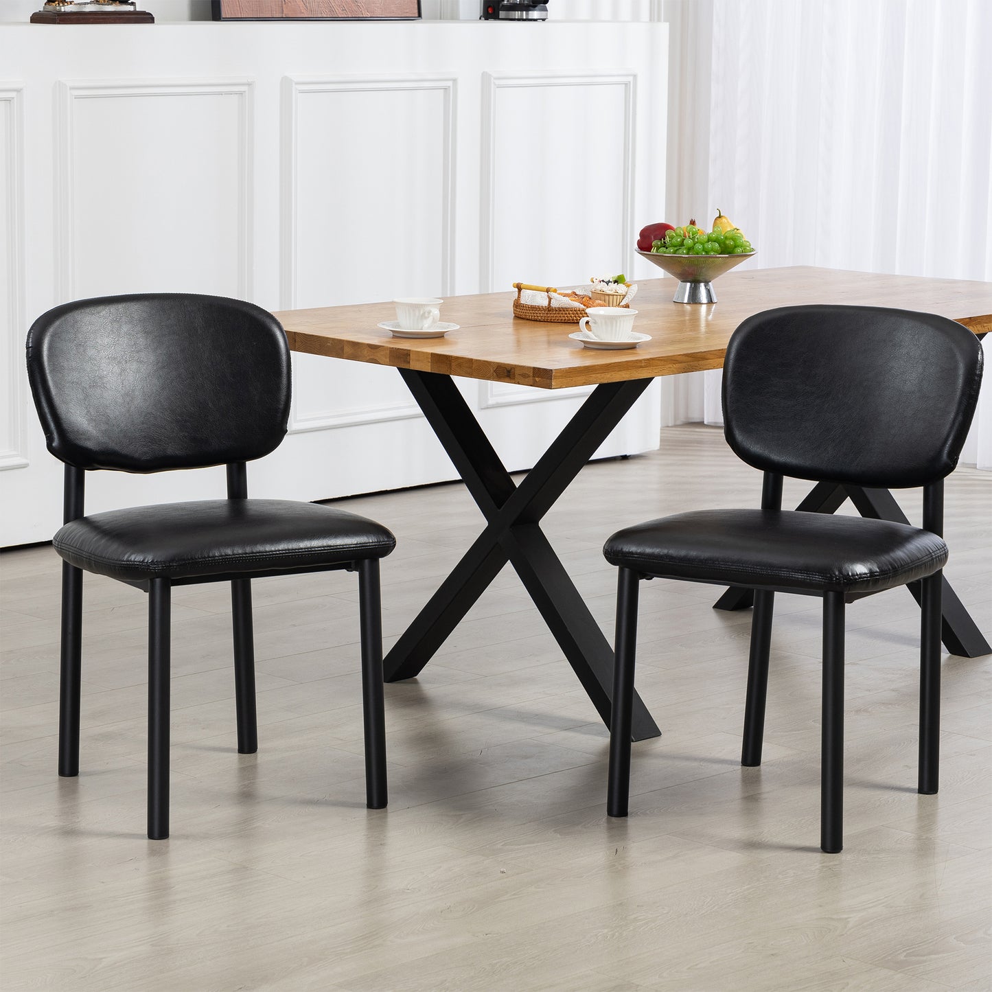 Set of 2 Berdine Black Faux Leather Upholstered Dining Chair with Black Iron Legs