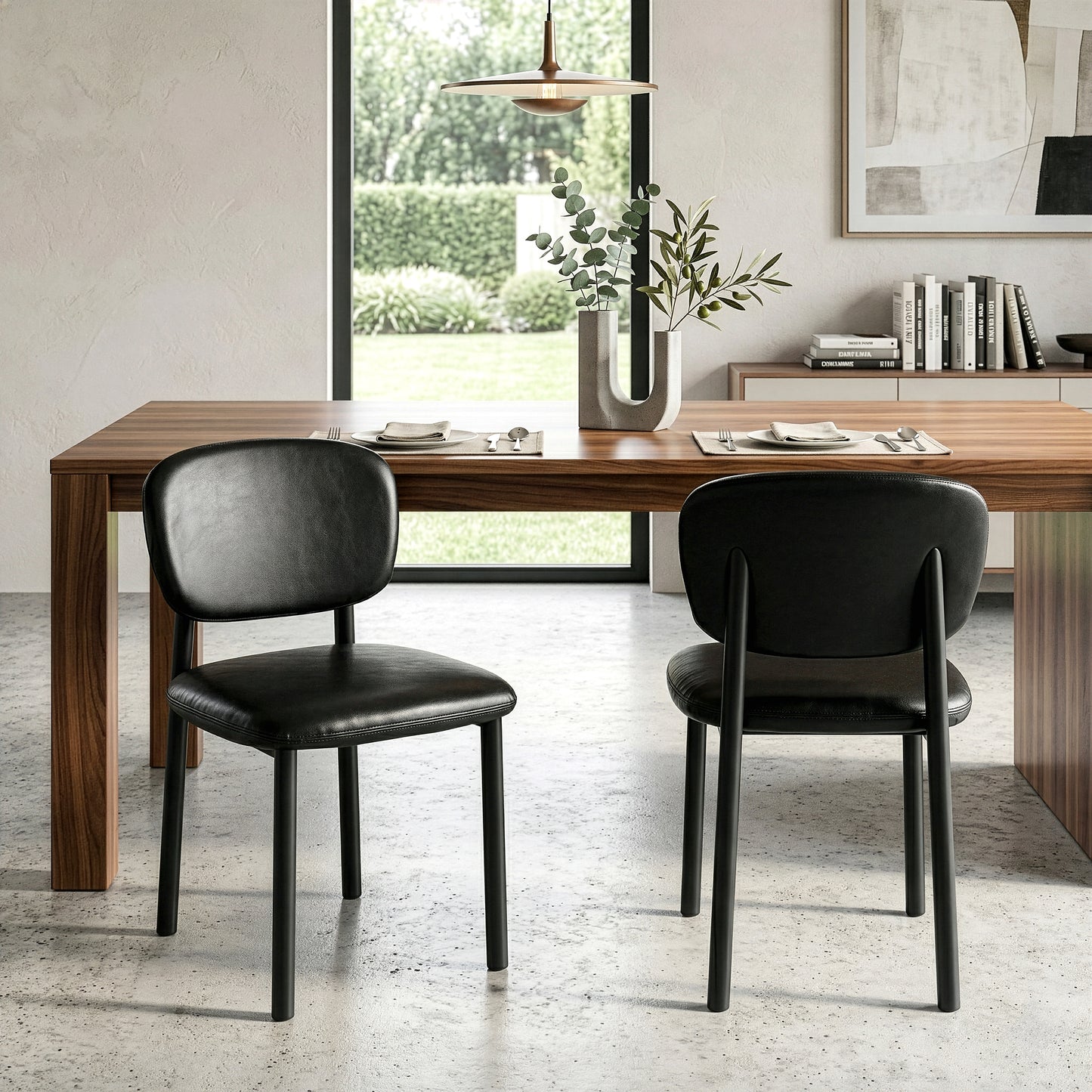 Set of 2 Berdine Black Faux Leather Upholstered Dining Chair with Black Iron Legs