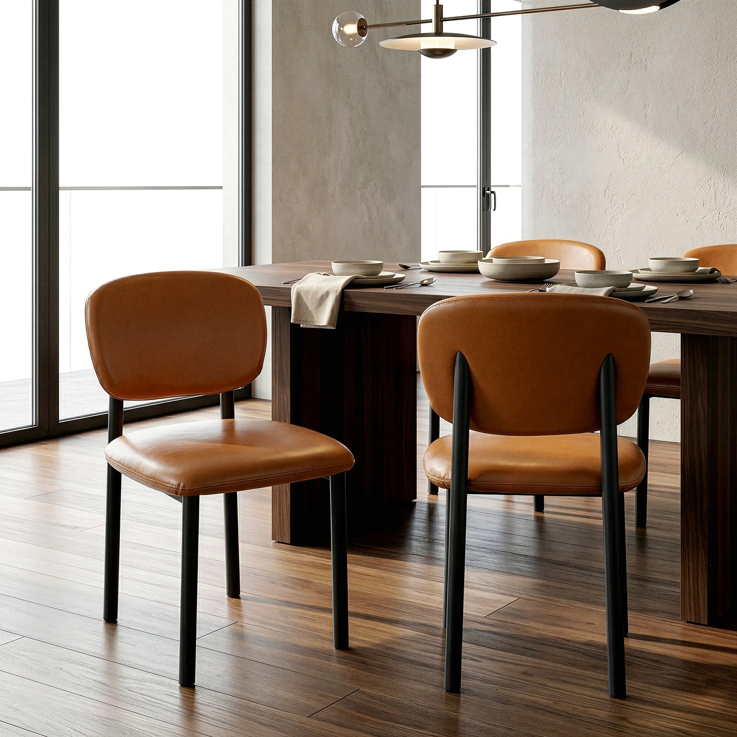 Set of 2 Berdine Light Brown Faux Leather Upholstered Dining Chair with Black Iron Legs